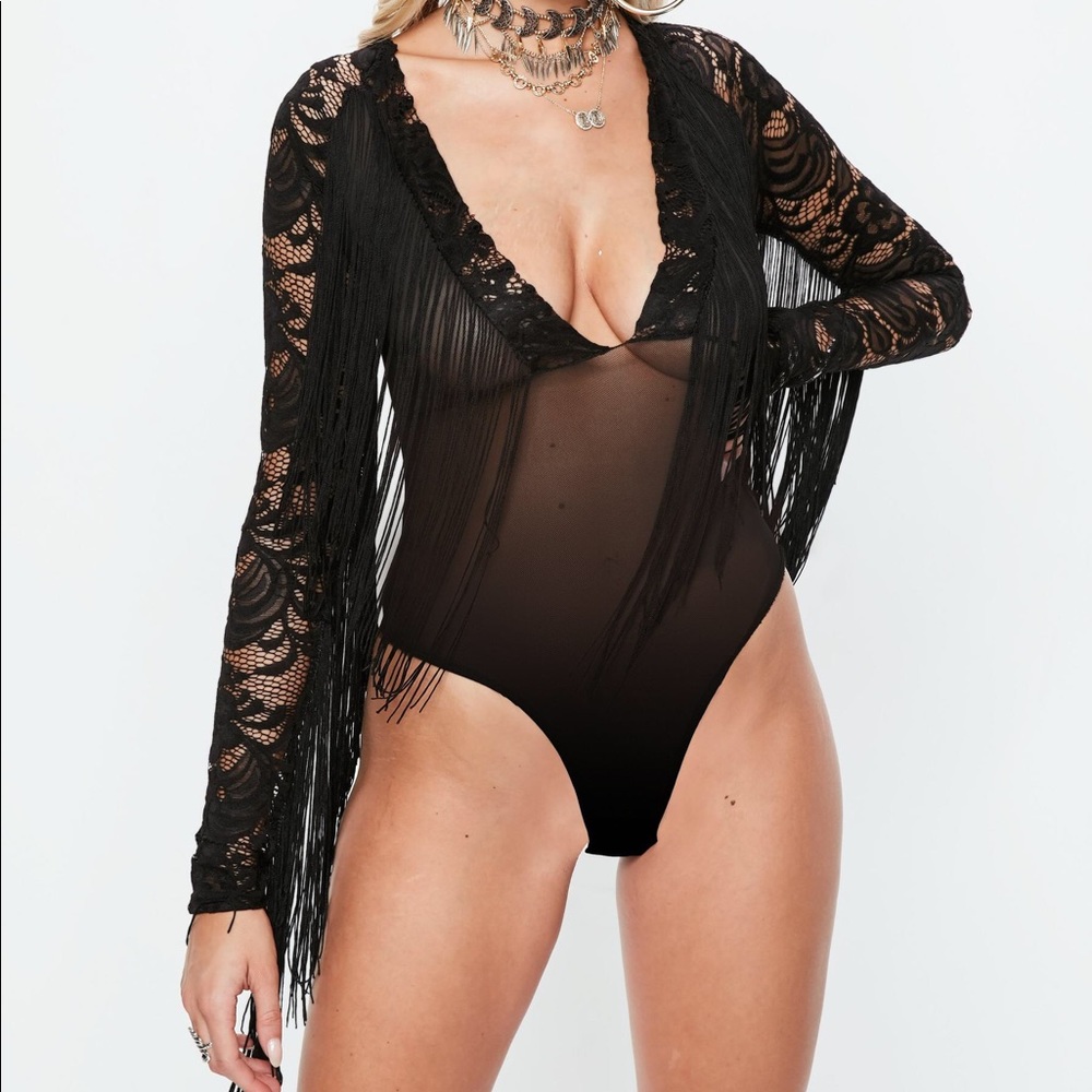Missguided black lace mesh fringe bodysuit NWT